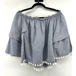 Sneak Peek Denim Ruffle Blouse Women's Size L Off Shoulder Pom Pom Boho Chic